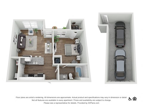 a stylized floor plan with a bedroom and a living room